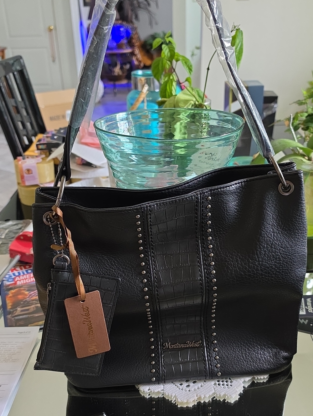 Montana West Black Studded Shoulder Tote With Zipper Pouch